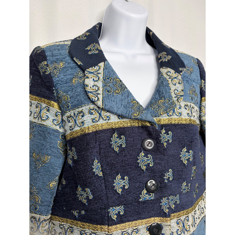 Courtenay Vintage Tapestry Blazer Blue Gold Fleur-de-lis Damask‎ Jacket Size 10